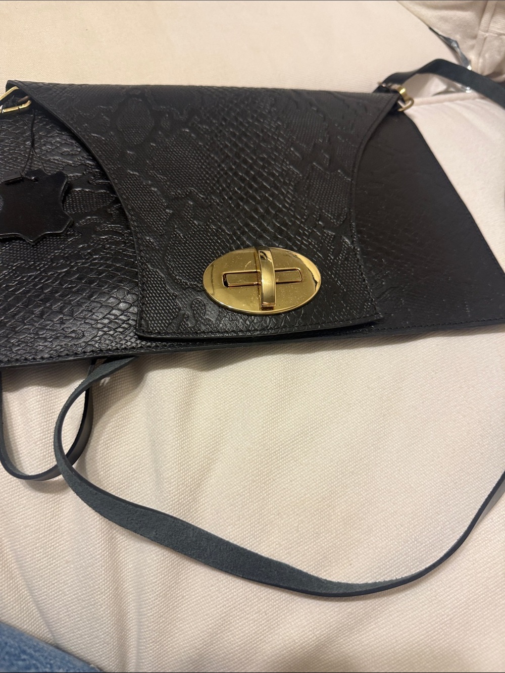 Black Textured Leather Crossbody Bag with Gold Turn-Lock